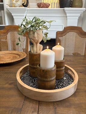 Three wood bamboo pillar candle holders